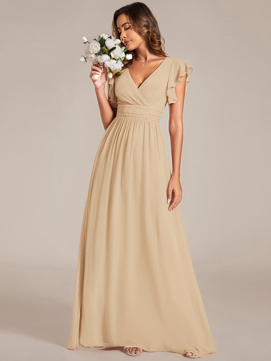 LILYANA|Back Cutout A-Line Pleated Ruffles Sleeve Chiffon Bridesmaid Dress