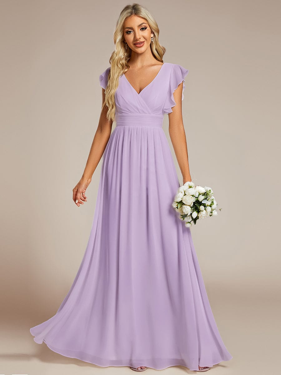 LILYANA|Ruffles Sleeve Back Cutout A-Line Maxi Chiffon Bridesmaid Dress