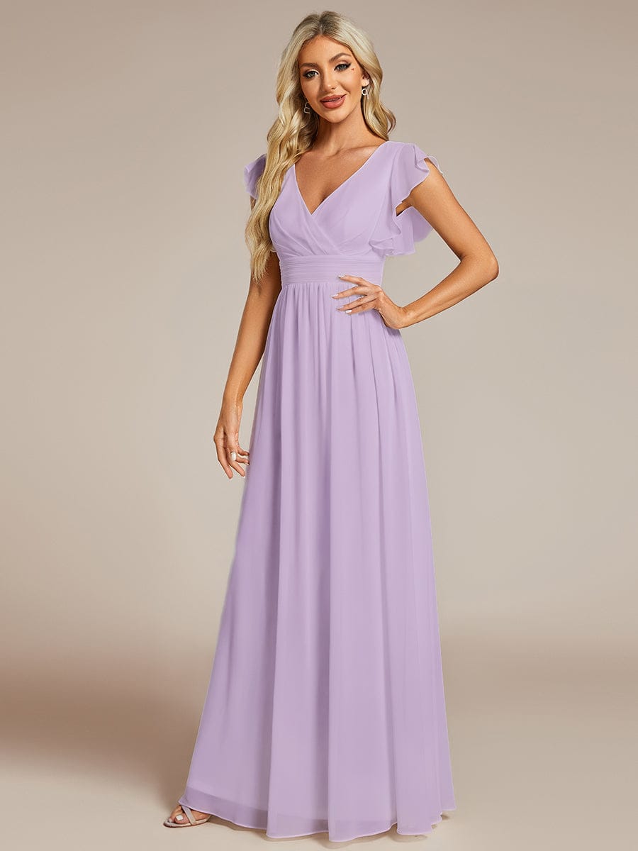 LILYANA|Ruffles Sleeve Back Cutout A-Line Maxi Chiffon Bridesmaid Dress