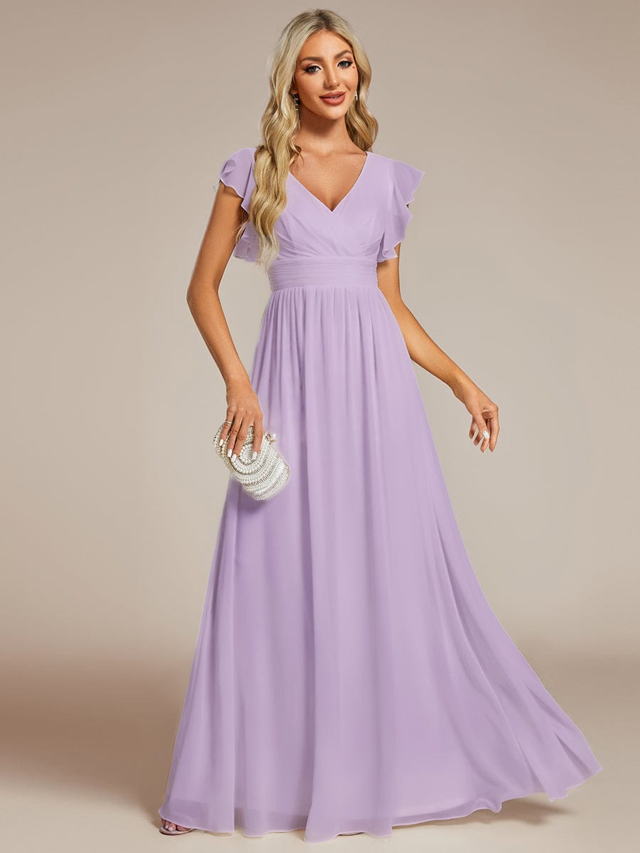 LILYANA|Ruffles Sleeve Back Cutout A-Line Maxi Chiffon Bridesmaid Dress