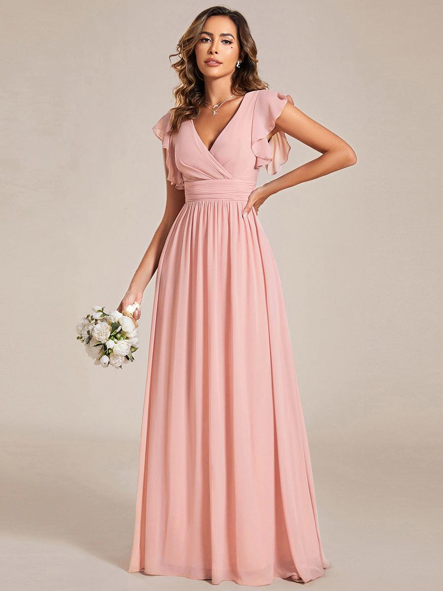 LILYANA|Back Cutout A-Line Pleated Ruffles Sleeve Chiffon Bridesmaid Dress