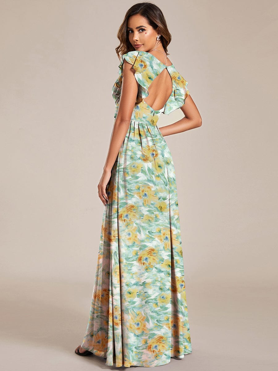 LILYANA|Back Cutout A-Line Pleated Ruffles Sleeve Chiffon Bridesmaid Dress