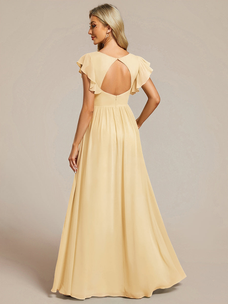 LILYANA|Ruffles Sleeve Back Cutout A-Line Maxi Chiffon Bridesmaid Dress