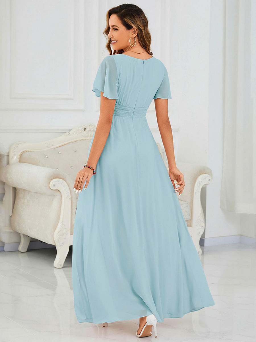 Ruched Chiffon Ruffle Sleeve Bridesmaid Dress