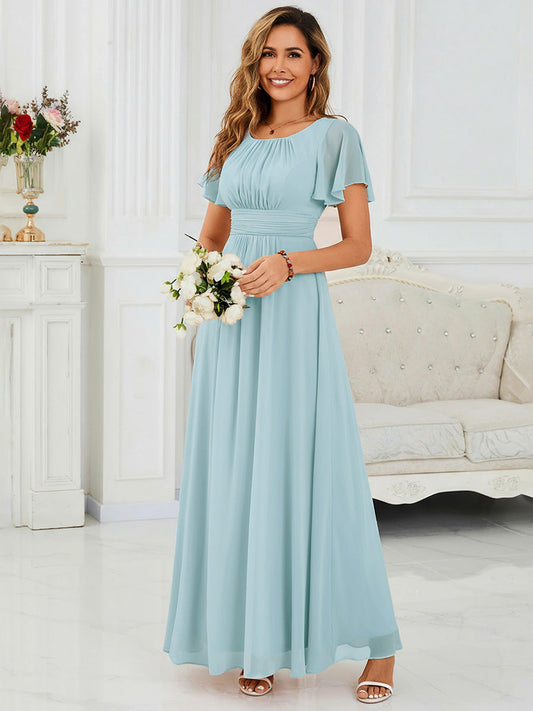Ruched Chiffon Ruffle Sleeve Bridesmaid Dress