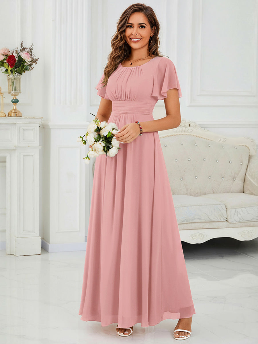 Ruched Chiffon Ruffle Sleeve Bridesmaid Dress