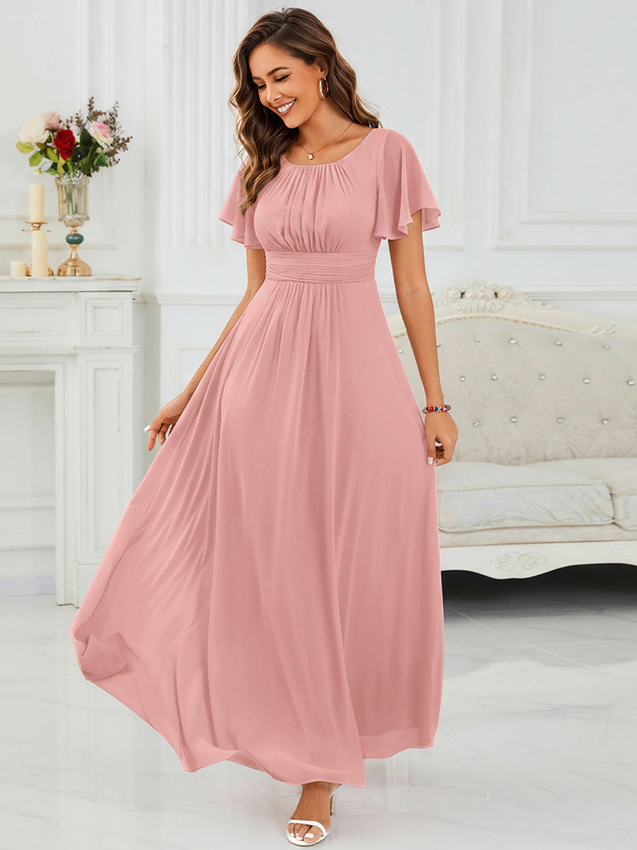 Ruched Chiffon Ruffle Sleeve Bridesmaid Dress