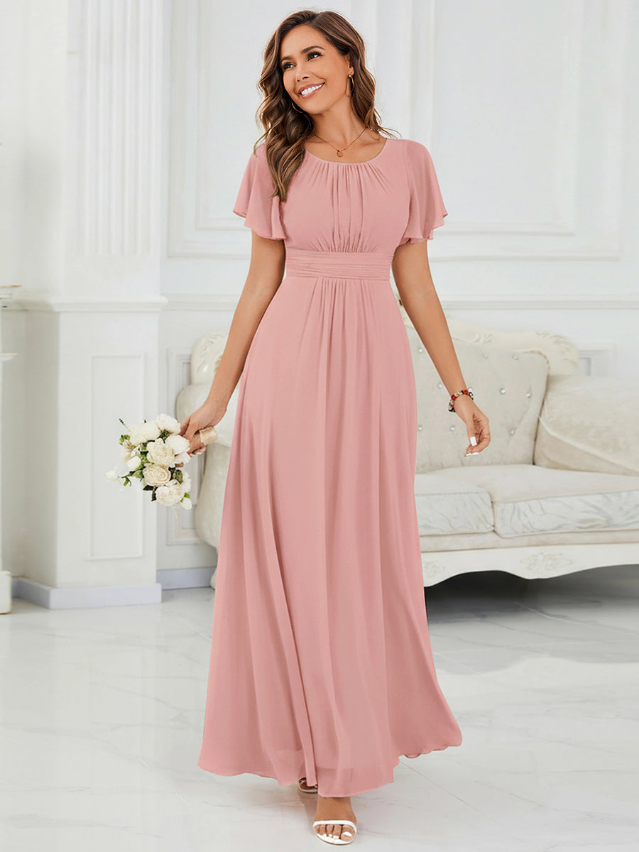 Ruched Chiffon Ruffle Sleeve Bridesmaid Dress