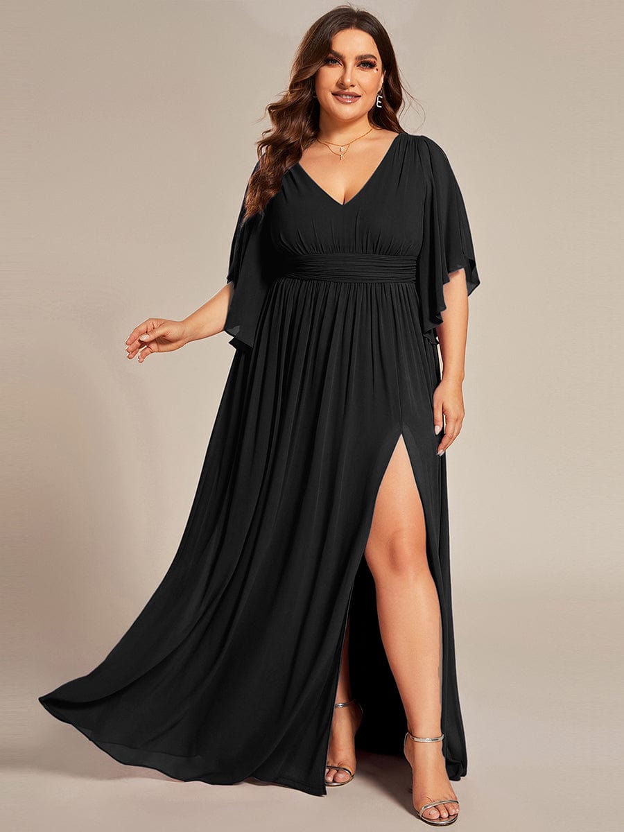 pretty ELYAN|Plus Size Half Sleeve Pleated A-Line V-Neck Chiffon Bridesmaid Dress