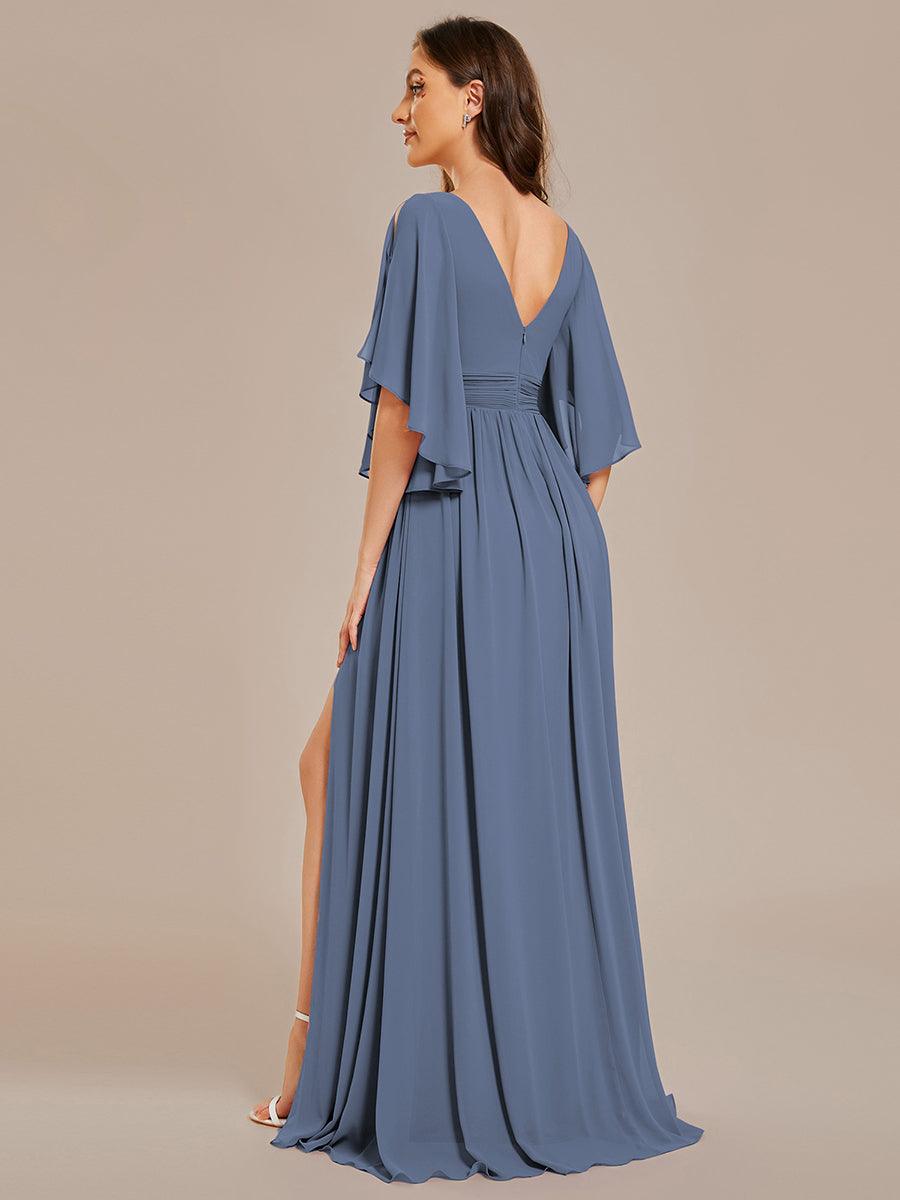 ELYAN|Half Sleeve V-Neck Pleated High Slit A-Line Chiffon Bridesmaid Dress