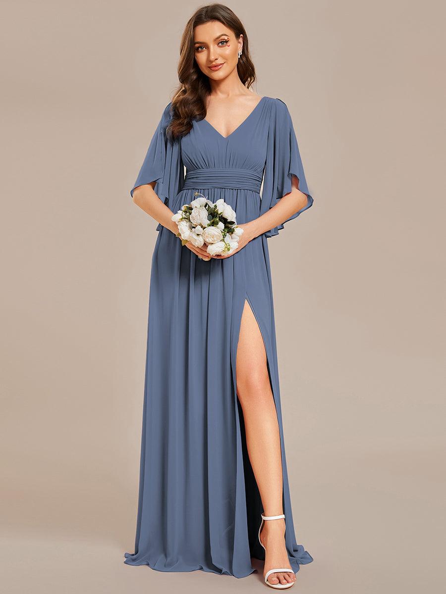 ELYAN|Half Sleeve V-Neck Pleated High Slit A-Line Chiffon Bridesmaid Dress