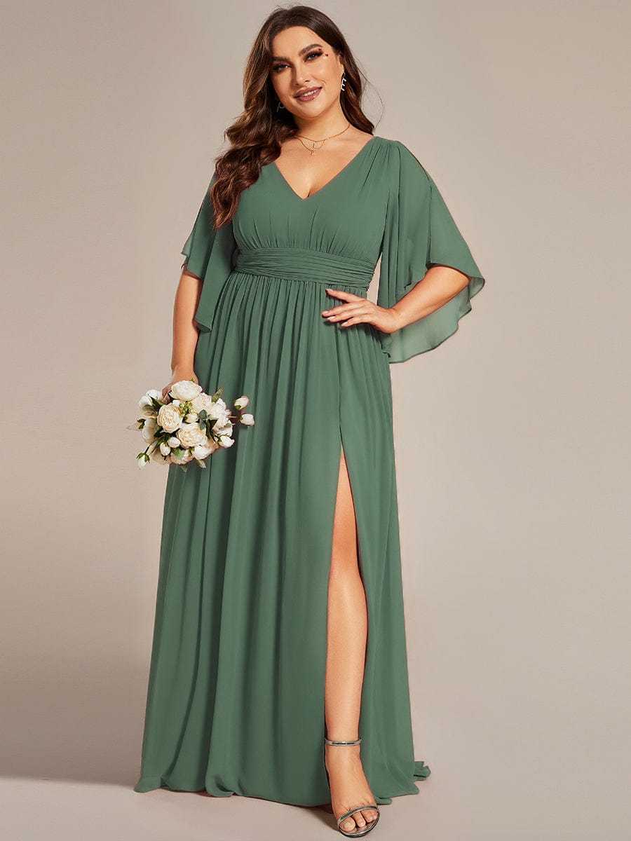 pretty ELYAN|Plus Size Half Sleeve Pleated A-Line V-Neck Chiffon Bridesmaid Dress