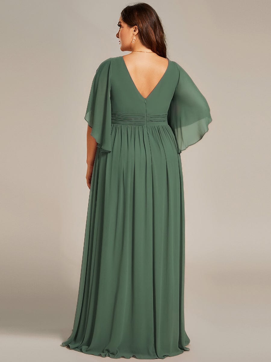 ELYAN|Half Sleeve V-Neck Pleated High Slit A-Line Chiffon Bridesmaid Dress