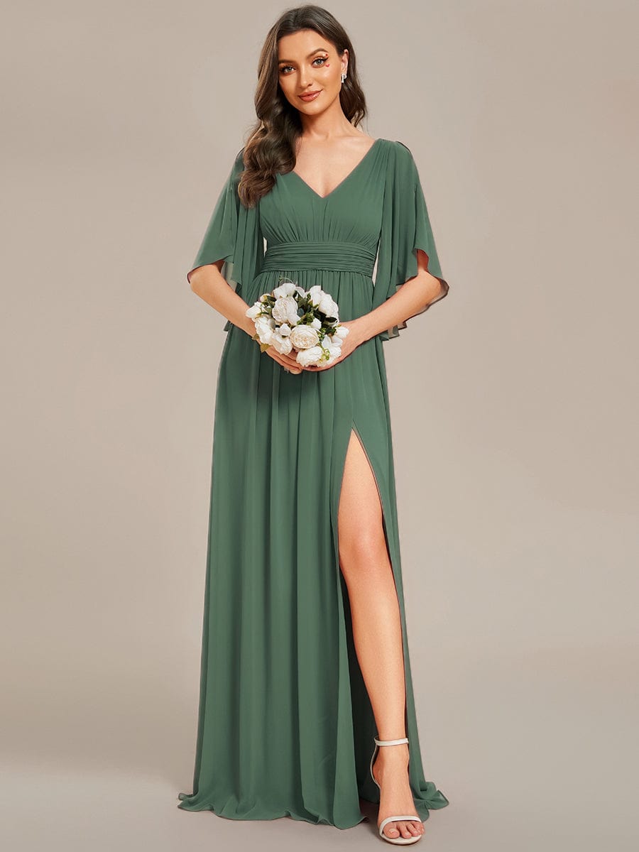 ELYAN|Half Sleeve V-Neck Pleated High Slit A-Line Chiffon Bridesmaid Dress