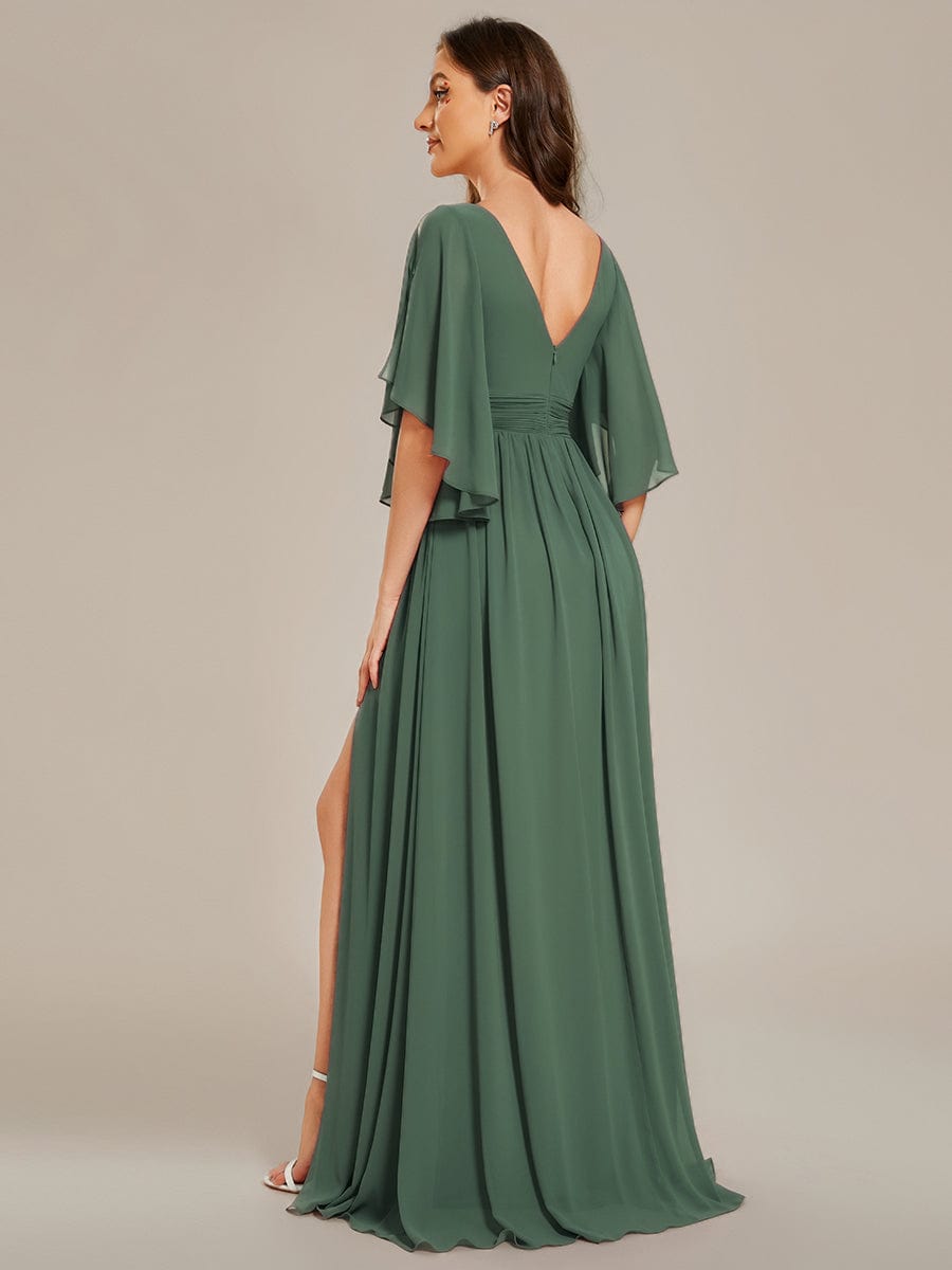 ELYAN|Half Sleeve V-Neck Pleated High Slit A-Line Chiffon Bridesmaid Dress