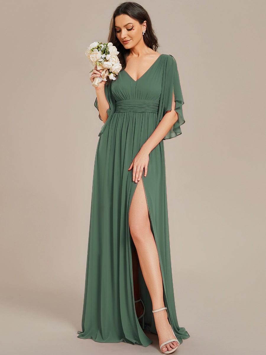 ELYAN|Half Sleeve V-Neck Pleated High Slit A-Line Chiffon Bridesmaid Dress