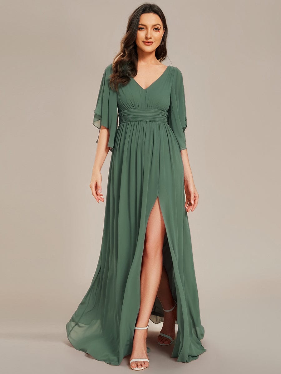 ELYAN|Half Sleeve V-Neck Pleated High Slit A-Line Chiffon Bridesmaid Dress