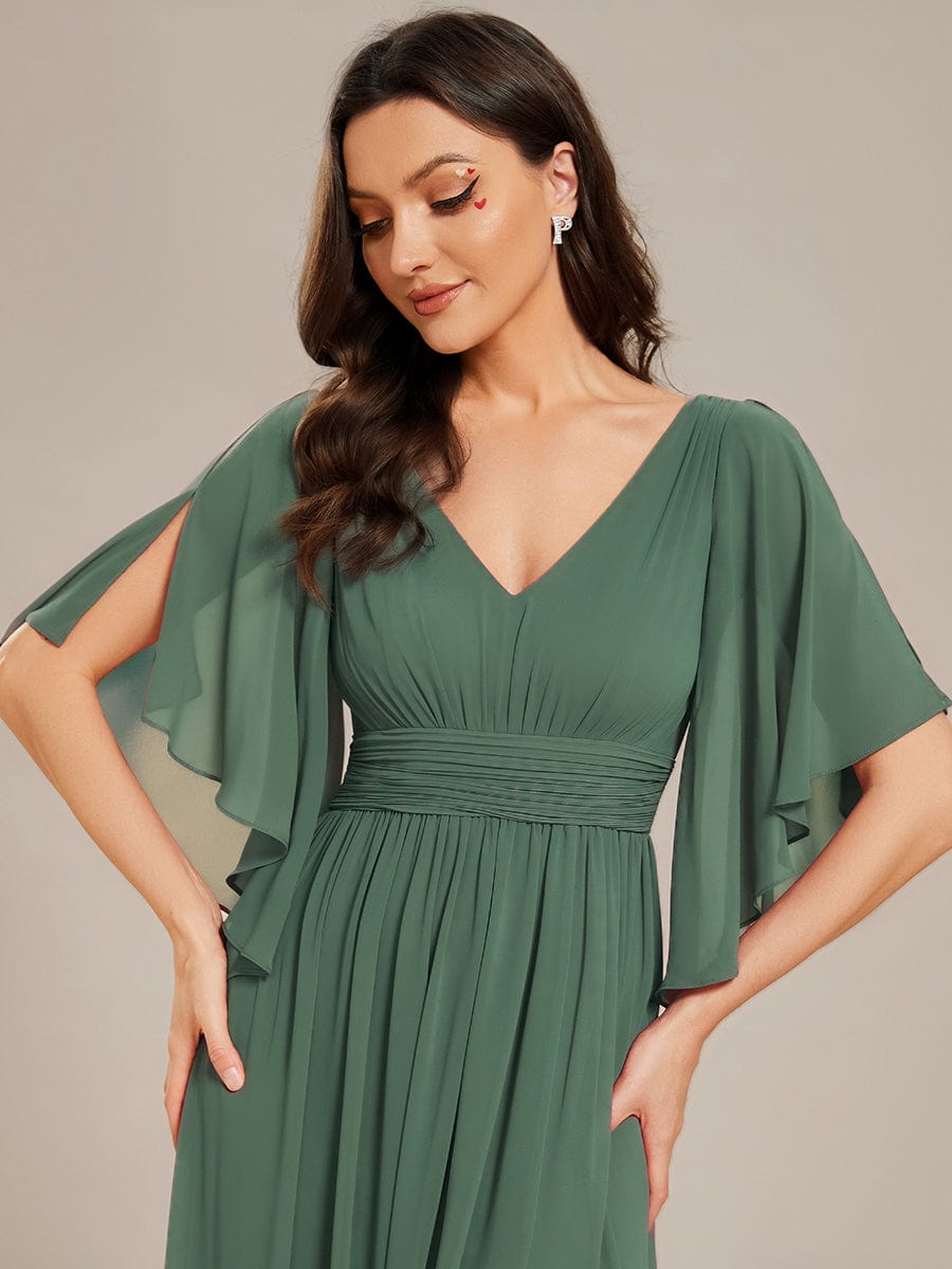 ELYAN|Half Sleeve V-Neck Pleated High Slit A-Line Chiffon Bridesmaid Dress