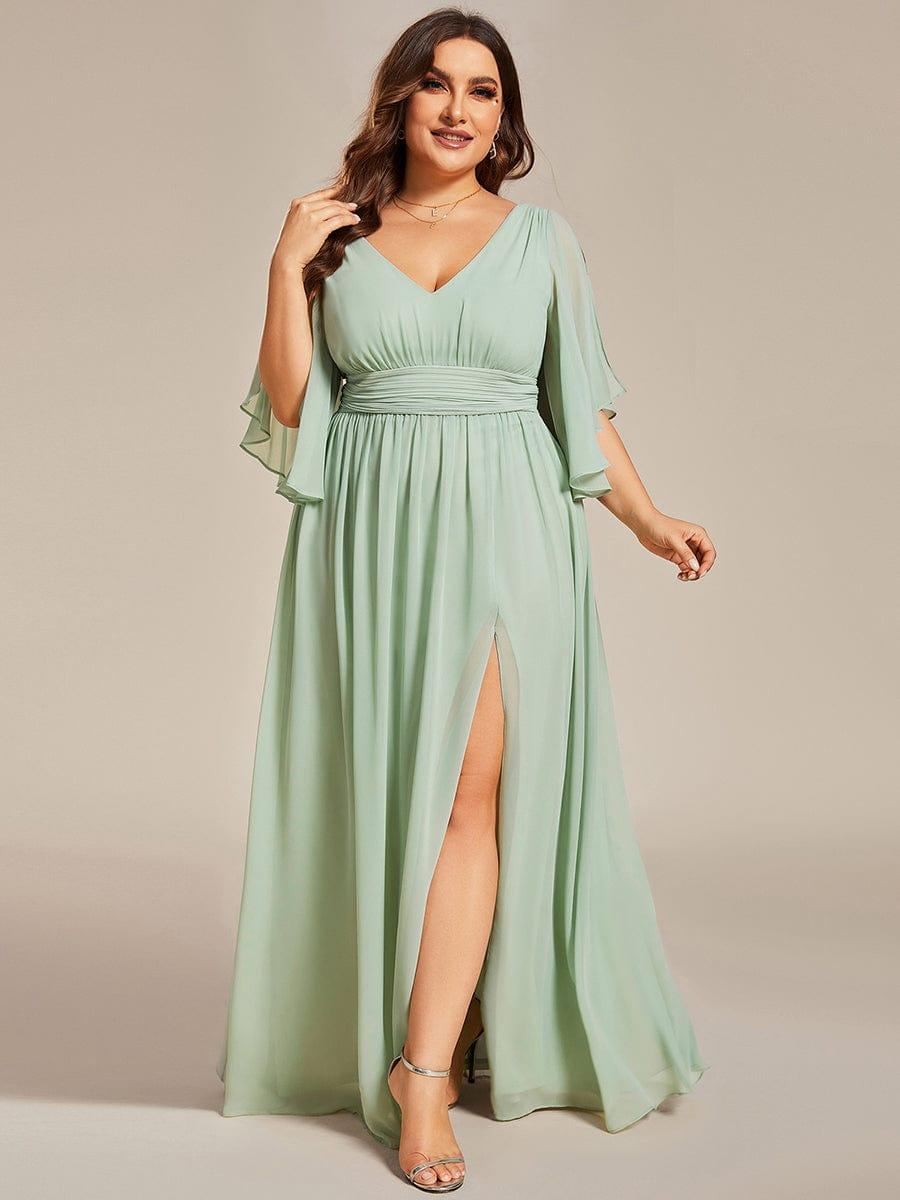 pretty ELYAN|Plus Size Half Sleeve Pleated A-Line V-Neck Chiffon Bridesmaid Dress