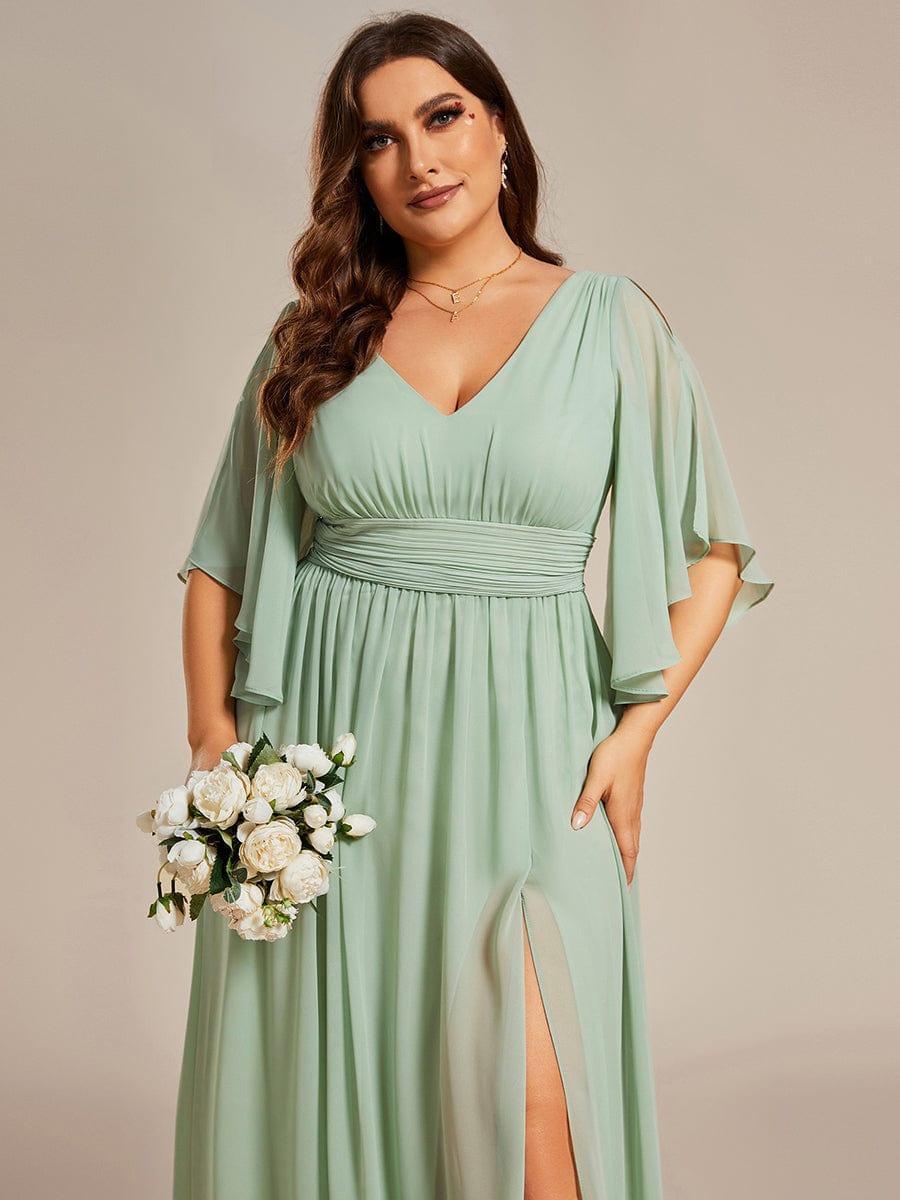 pretty ELYAN|Plus Size Half Sleeve Pleated A-Line V-Neck Chiffon Bridesmaid Dress