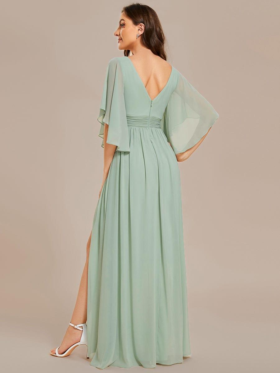 ELYAN|Half Sleeve V-Neck Pleated High Slit A-Line Chiffon Bridesmaid Dress