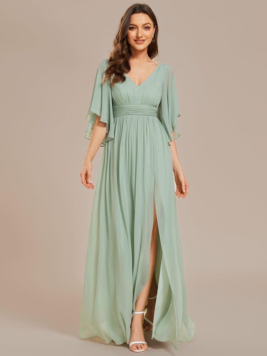ELYAN|Half Sleeve V-Neck Pleated High Slit A-Line Chiffon Bridesmaid Dress