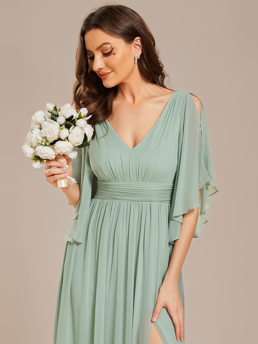 ELYAN|Half Sleeve V-Neck Pleated High Slit A-Line Chiffon Bridesmaid Dress