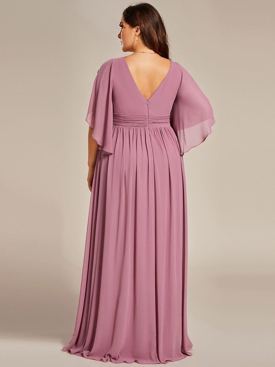 ELYAN|Half Sleeve V-Neck Pleated High Slit A-Line Chiffon Bridesmaid Dress
