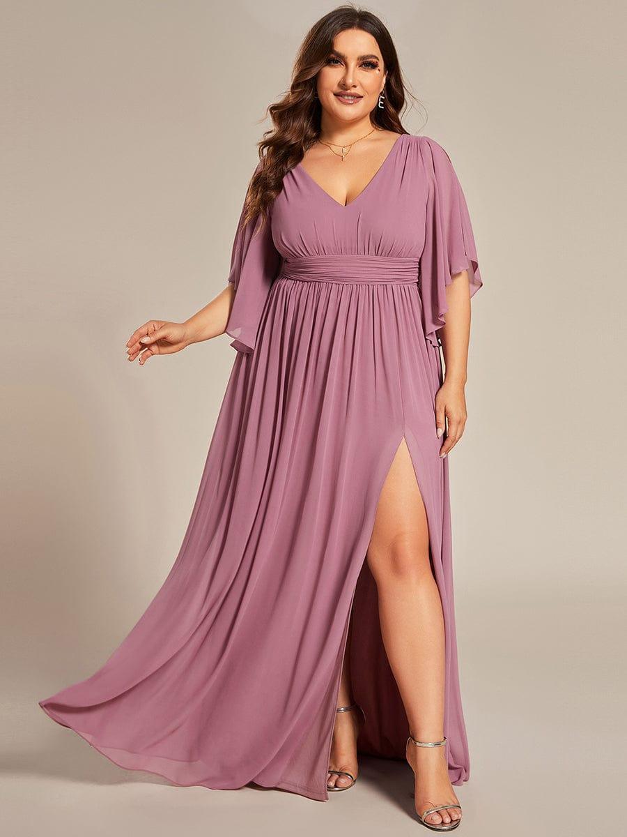 pretty ELYAN|Plus Size Half Sleeve Pleated A-Line V-Neck Chiffon Bridesmaid Dress