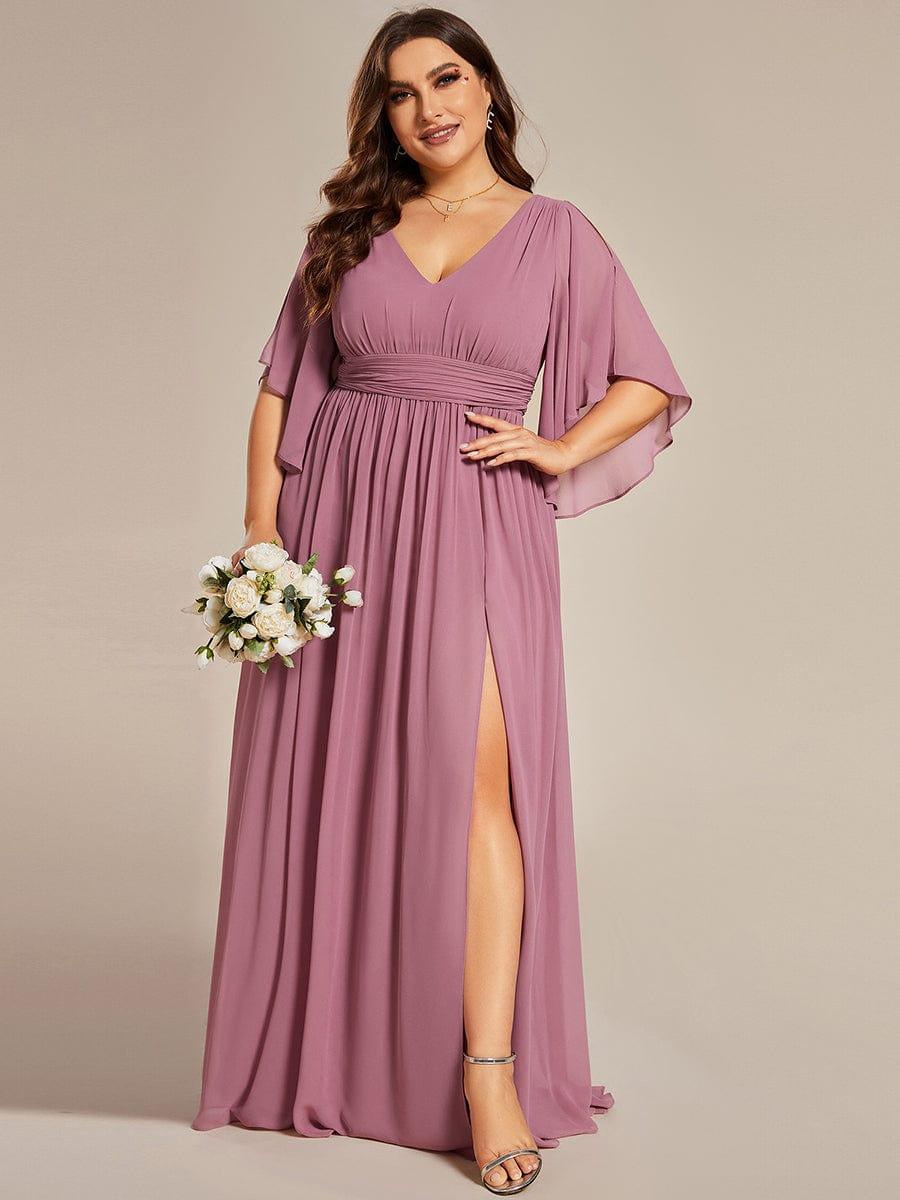 pretty ELYAN|Plus Size Half Sleeve Pleated A-Line V-Neck Chiffon Bridesmaid Dress