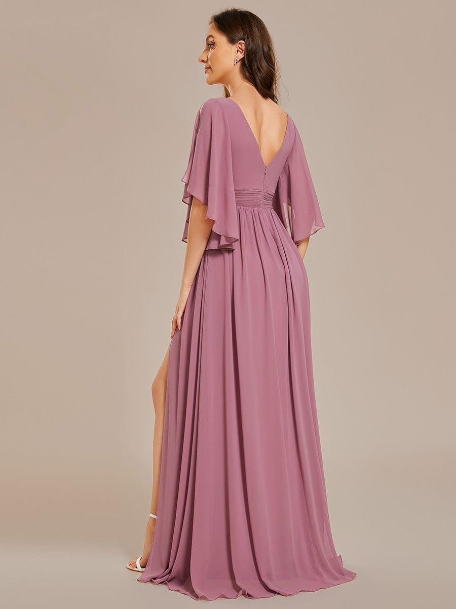 ELYAN|Half Sleeve V-Neck Pleated High Slit A-Line Chiffon Bridesmaid Dress