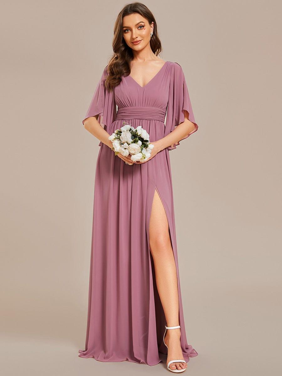 ELYAN|Half Sleeve V-Neck Pleated High Slit A-Line Chiffon Bridesmaid Dress