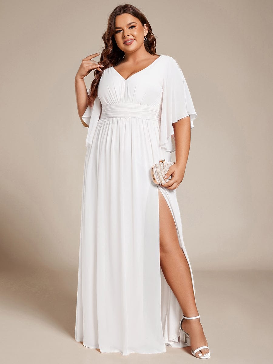 pretty ELYAN|Plus Size Half Sleeve Pleated A-Line V-Neck Chiffon Bridesmaid Dress
