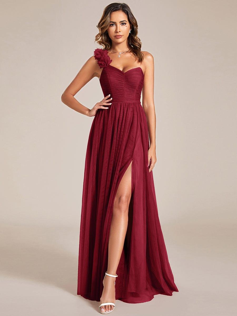 CLOE|Sweetheart Neckline One Shoulder with Floral Tulle High Slit Bridesmaid Dress