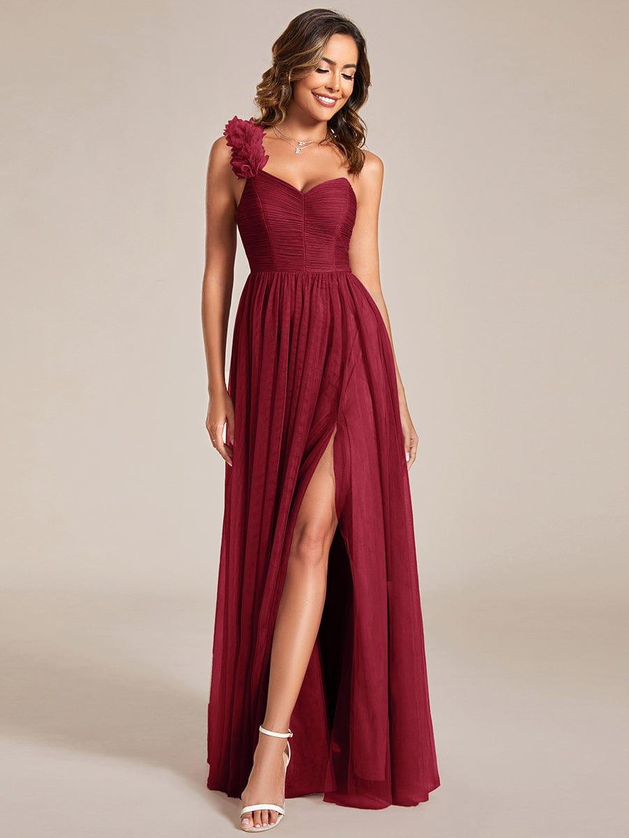 CLOE|Sweetheart Neckline One Shoulder with Floral Tulle High Slit Bridesmaid Dress