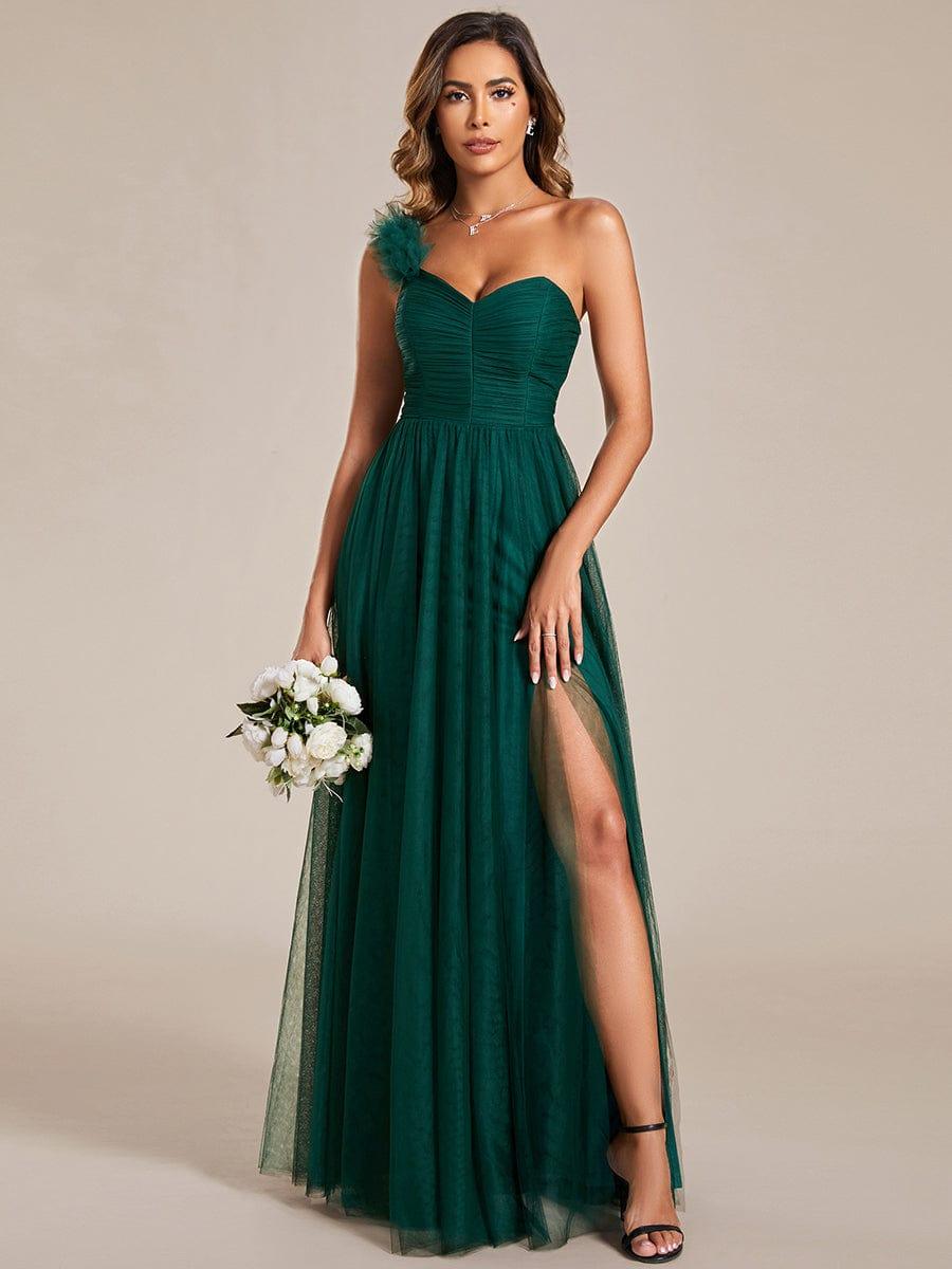 CLOE|Sweetheart Neckline One Shoulder with Floral Tulle High Slit Bridesmaid Dress