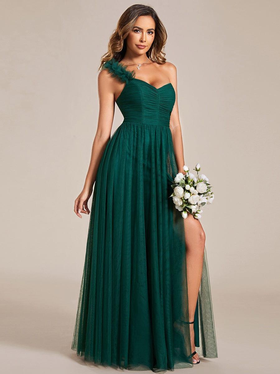 CLOE|Sweetheart Neckline One Shoulder with Floral Tulle High Slit Bridesmaid Dress
