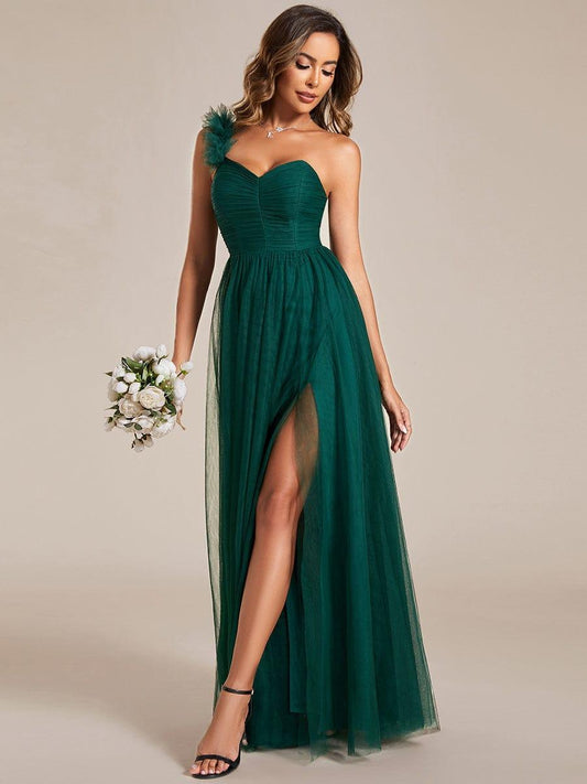 CLOE|Sweetheart Neckline One Shoulder with Floral Tulle High Slit Bridesmaid Dress