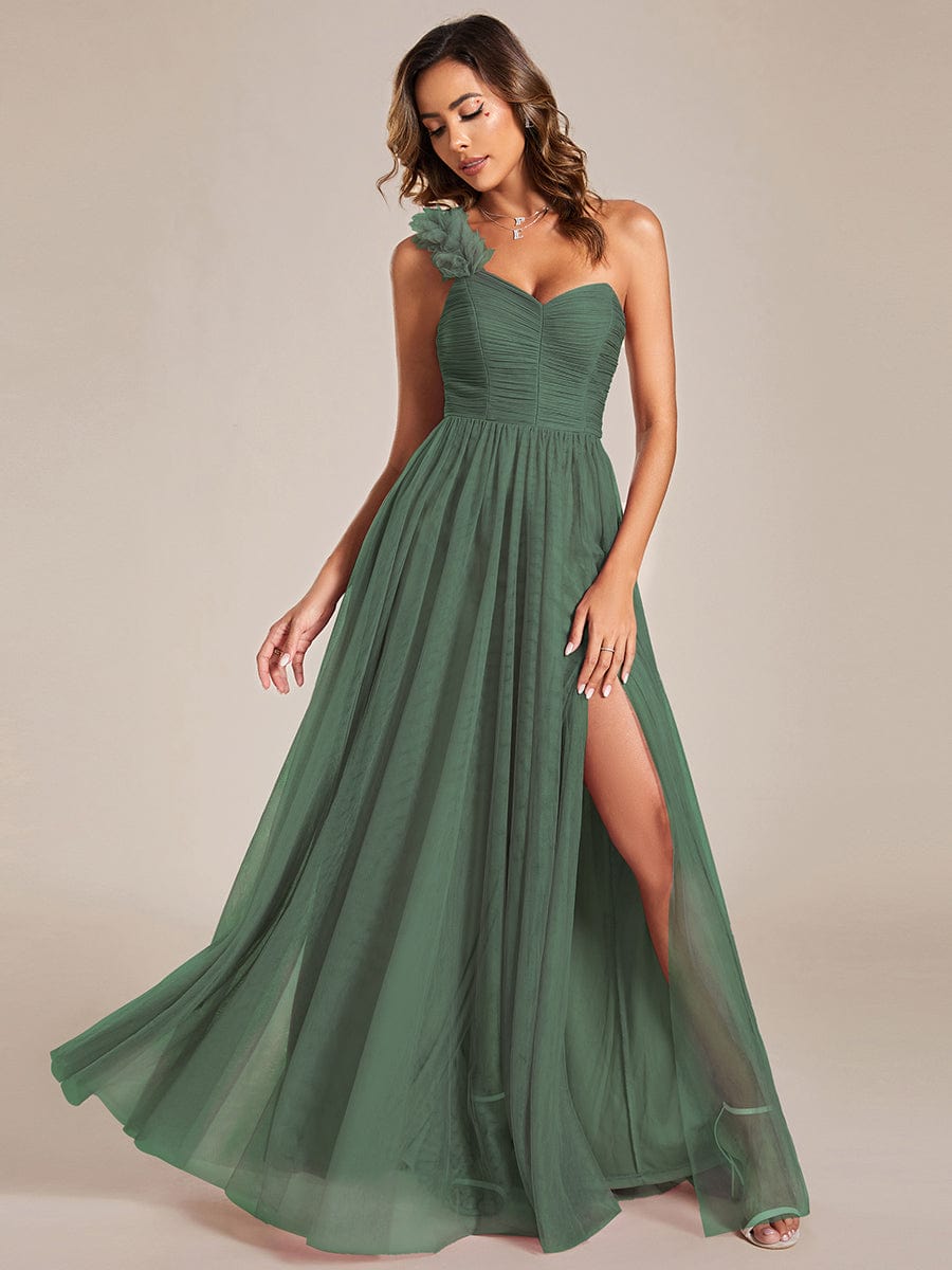 CLOE|Sweetheart Neckline One Shoulder with Floral Tulle High Slit Bridesmaid Dress