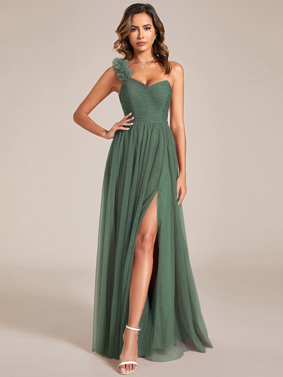 CLOE|Sweetheart Neckline One Shoulder with Floral Tulle High Slit Bridesmaid Dress