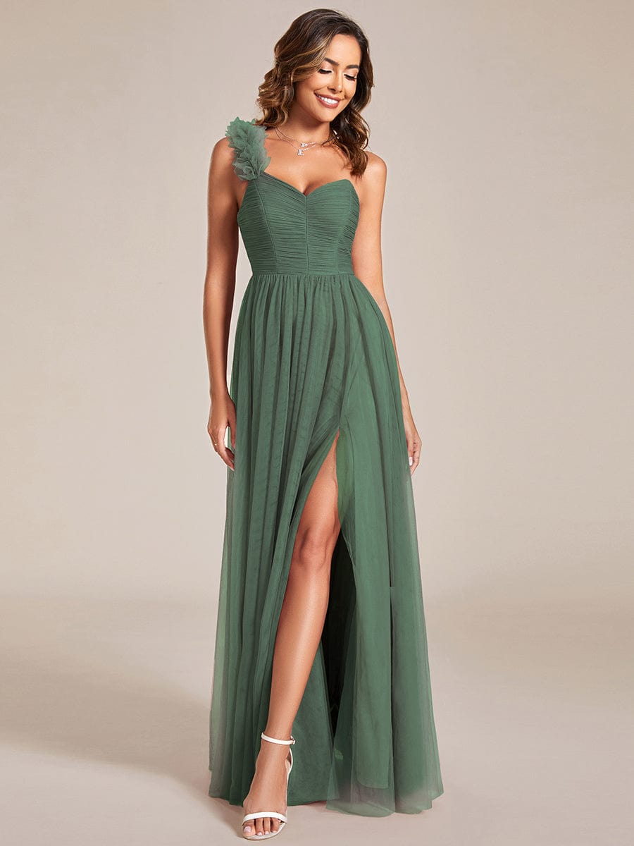 CLOE|Sweetheart Neckline One Shoulder with Floral Tulle High Slit Bridesmaid Dress