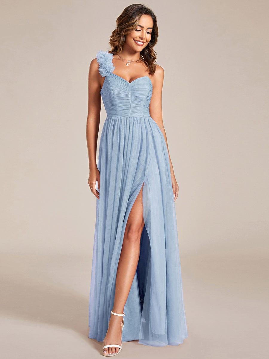 CLOE|Sweetheart Neckline One Shoulder with Floral Tulle High Slit Bridesmaid Dress