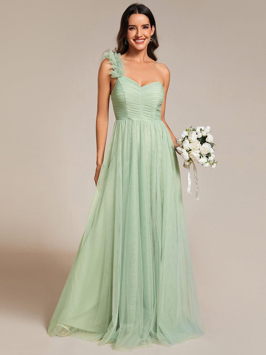 CLOE|Sweetheart Neckline One Shoulder with Floral Tulle High Slit Bridesmaid Dress
