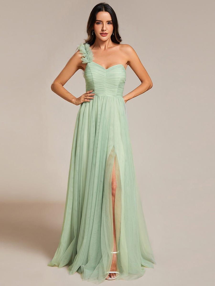 CLOE|Sweetheart Neckline One Shoulder with Floral Tulle High Slit Bridesmaid Dress