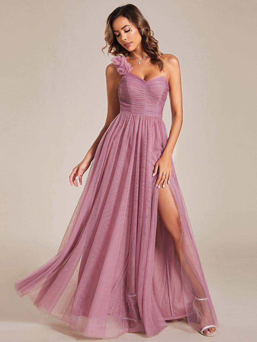 CLOE|Sweetheart Neckline One Shoulder with Floral Tulle High Slit Bridesmaid Dress