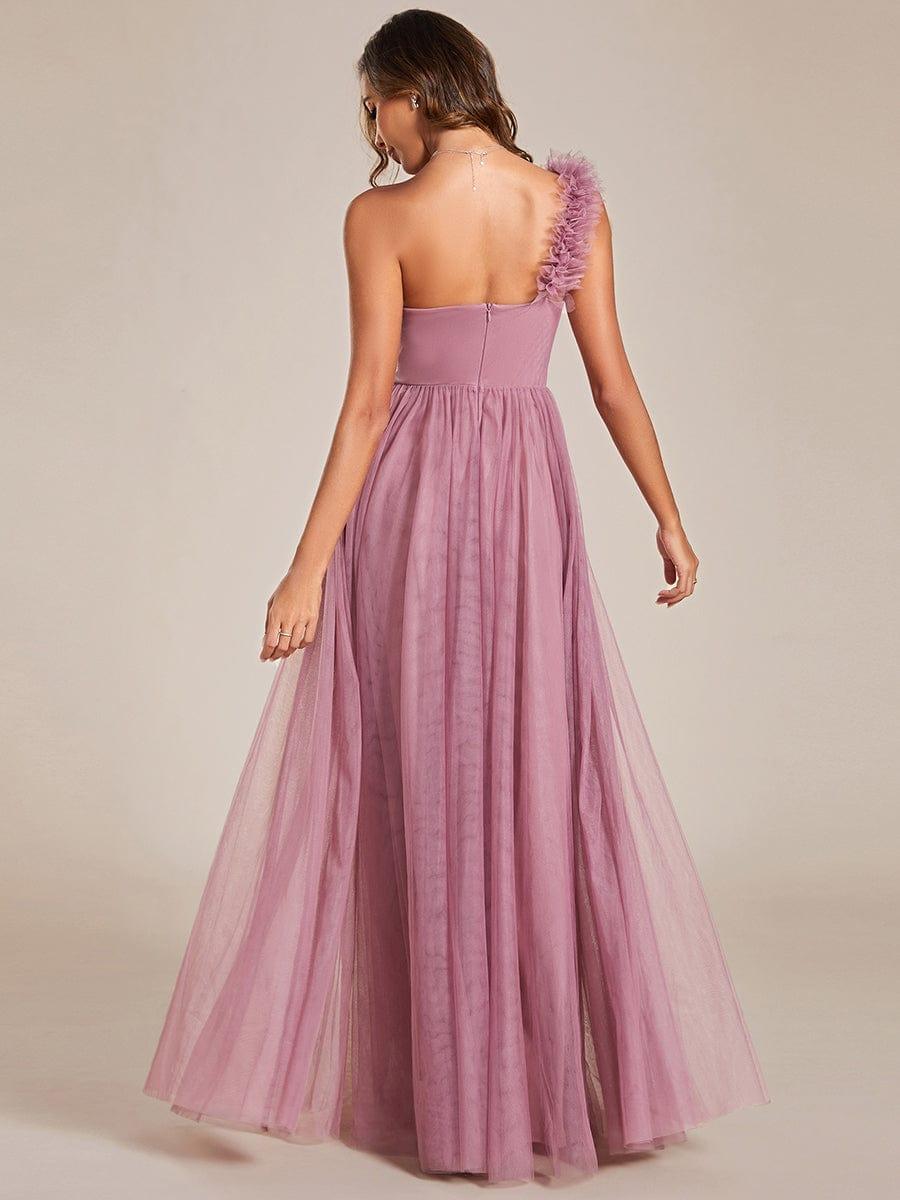 CLOE|Sweetheart Neckline One Shoulder with Floral Tulle High Slit Bridesmaid Dress