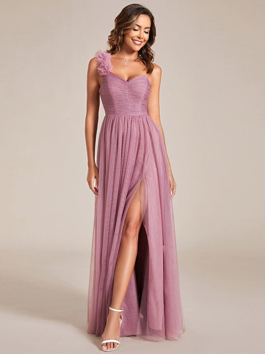 CLOE|Sweetheart Neckline One Shoulder with Floral Tulle High Slit Bridesmaid Dress