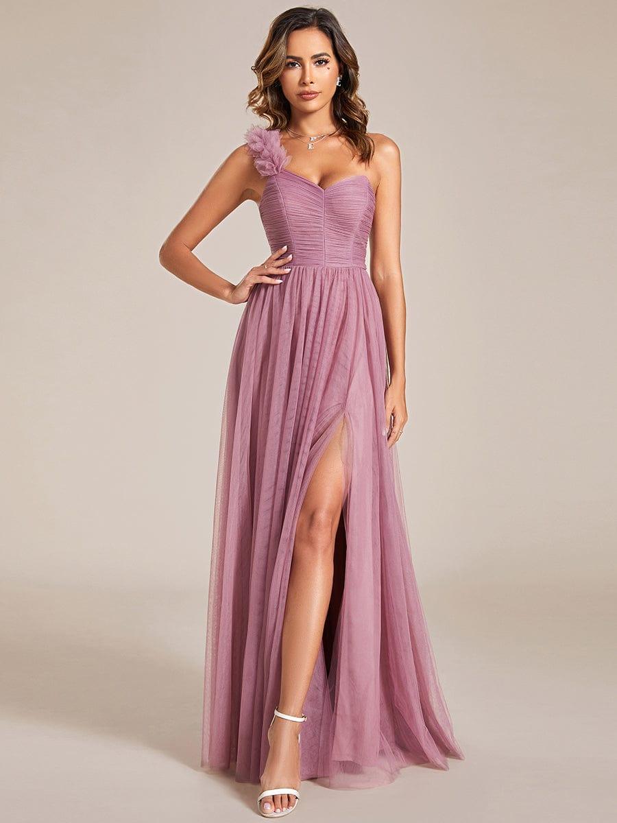 CLOE|Sweetheart Neckline One Shoulder with Floral Tulle High Slit Bridesmaid Dress