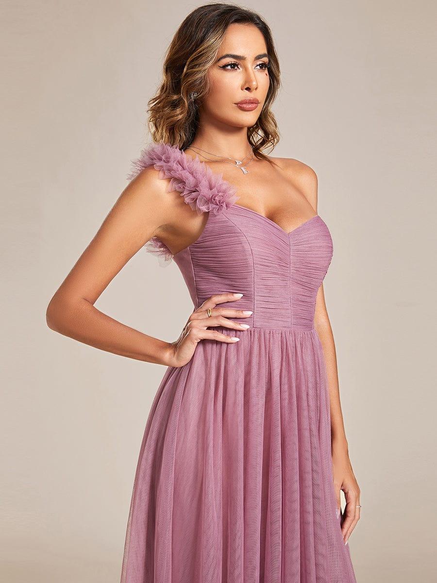 CLOE|Sweetheart Neckline One Shoulder with Floral Tulle High Slit Bridesmaid Dress
