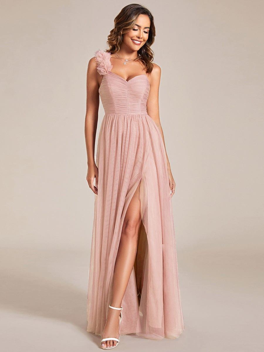 CLOE|Sweetheart Neckline One Shoulder with Floral Tulle High Slit Bridesmaid Dress